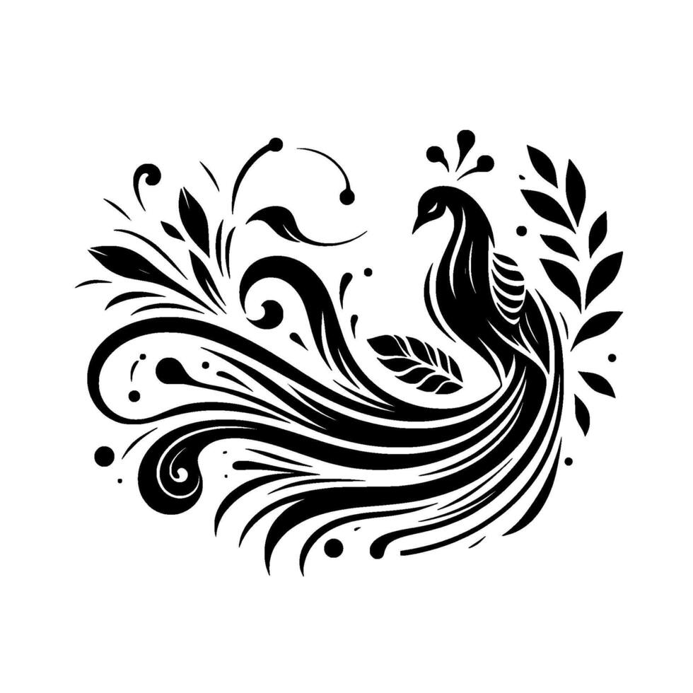 Elegant Black White Peacock with Floral Embellishments on a Clean White Background. Stylized and Graceful Composition. vector
