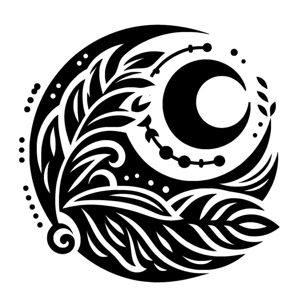 Monochrome circular with a crescent moon, leafy elements, and dotted accents, creating a balanced and ornamental composition. vector