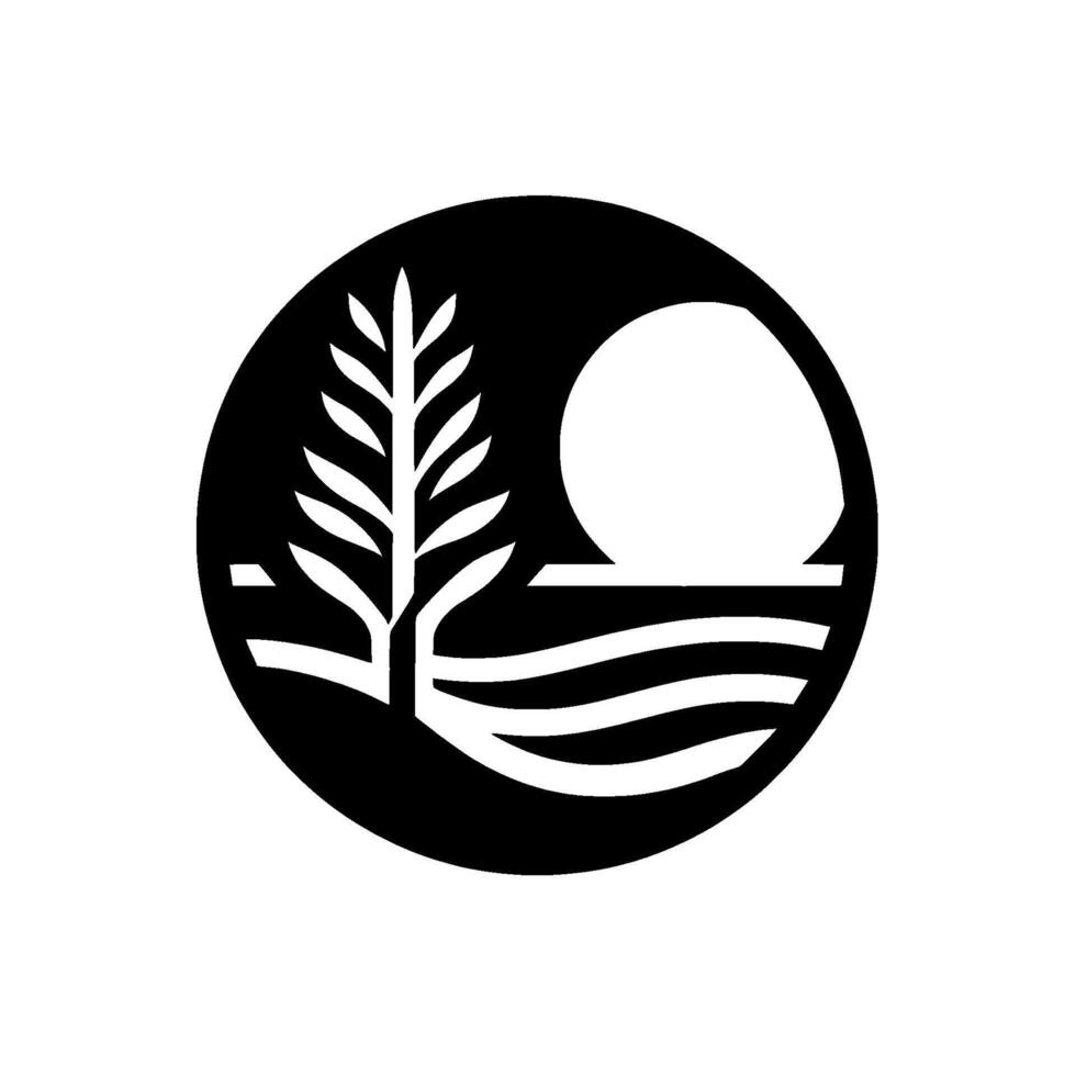 A stylized, black and white emblem within a circle, featuring a tree silhouette, sun, and water, suggesting a natural, tranquil scene. vector