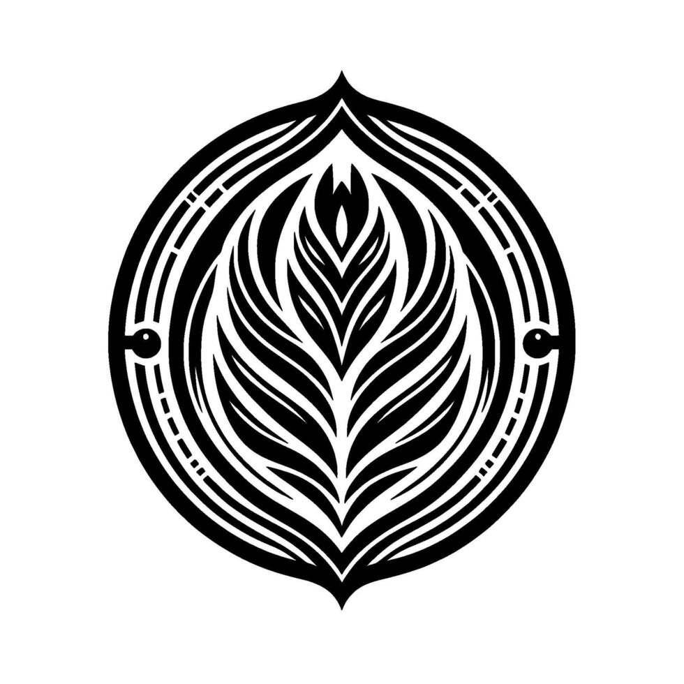 Intricate Black and White Ornamental Featuring Leafy Central Motif Enclosed within a Decorative Circular Frame on a Clean White Background. vector