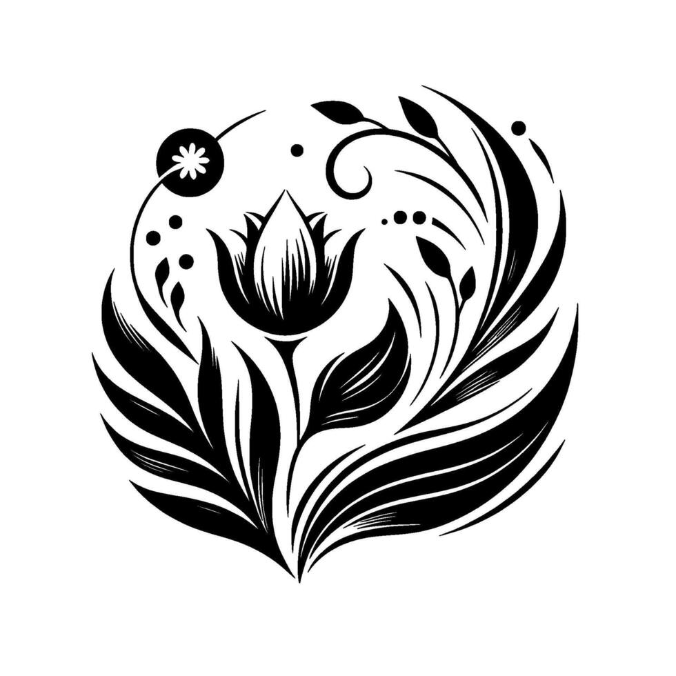A stylized black and white floral , featuring a central tuliplike blossom, swirling leaves, a small daisy, and dots, all contained within a circular arrangement. vector