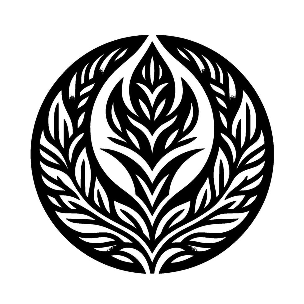 Elegant Black and White Botanical Mandala Featuring Detailed Leafy Forms within a Circular Frame, Radiating Symmetry. vector