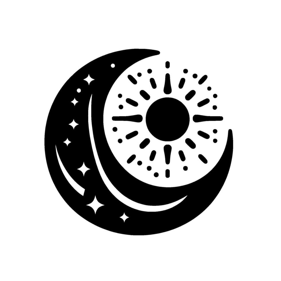 Mystical black and white celestial illustration Crescent moon and radiant sun, surrounded by twinkling stars, evoking a sense of cosmic harmony. vector