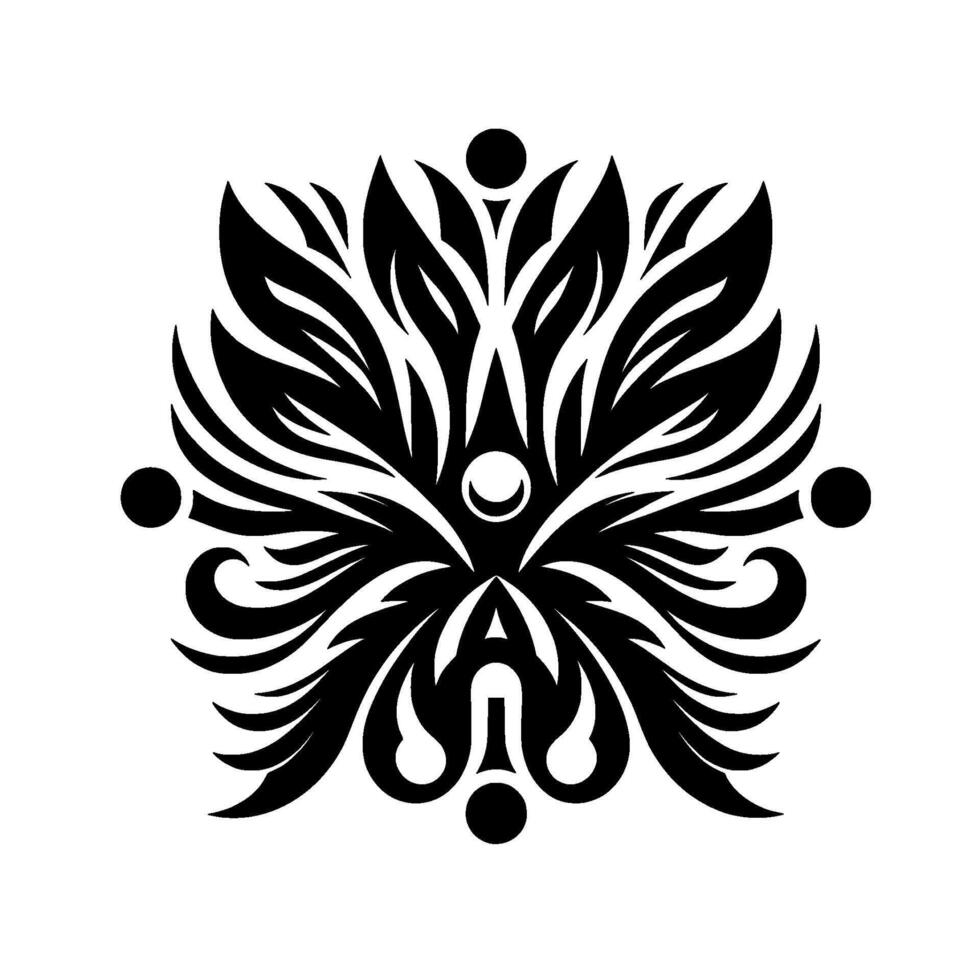 Intricate Symmetric Black White Floral Featuring LeafLike Forms and Circular Accents on a Solid White Background. vector