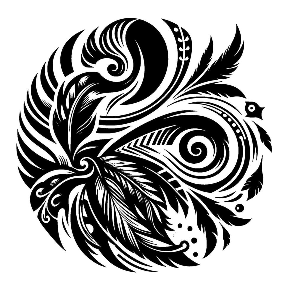 Intricate Black and White Floral Mandala with Feather and Bird Motifs, Circular . vector
