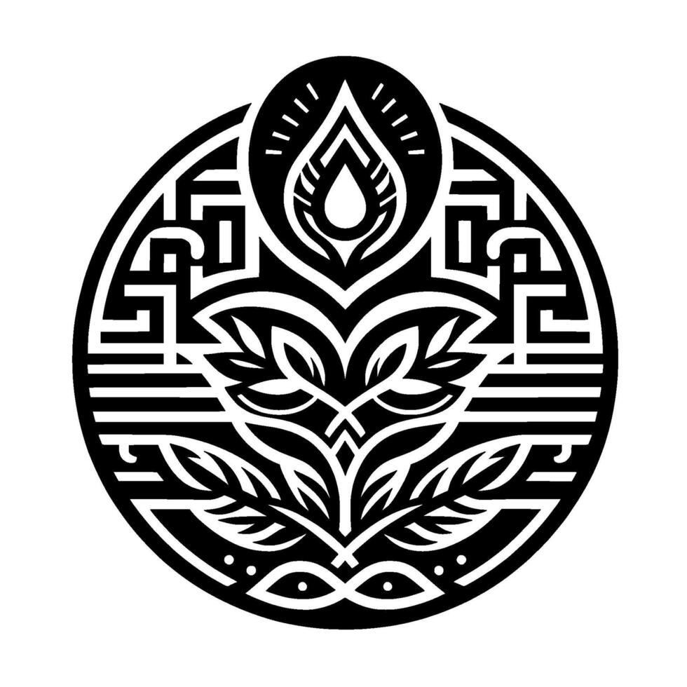 Intricate black and white circular floral , evoking a stylized botanical emblem with layers of geometric patterns and a central teardrop element. vector
