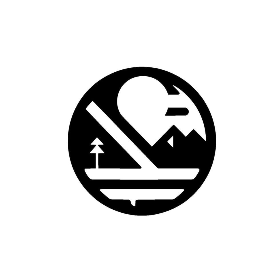 A minimalist black and white circular depicting a stylized mountain scene with a rising sun or moon, a simple tree, and a horizontal line, suggesting a landscape within a circle. vector