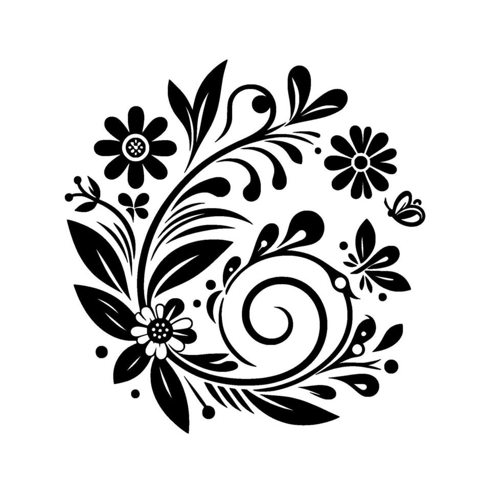 Intricate Black and White Floral Ornament A symmetrical featuring stylized flowers, leaves, and swirling patterns, accented by a small butterfly against a clean white backdrop. vector