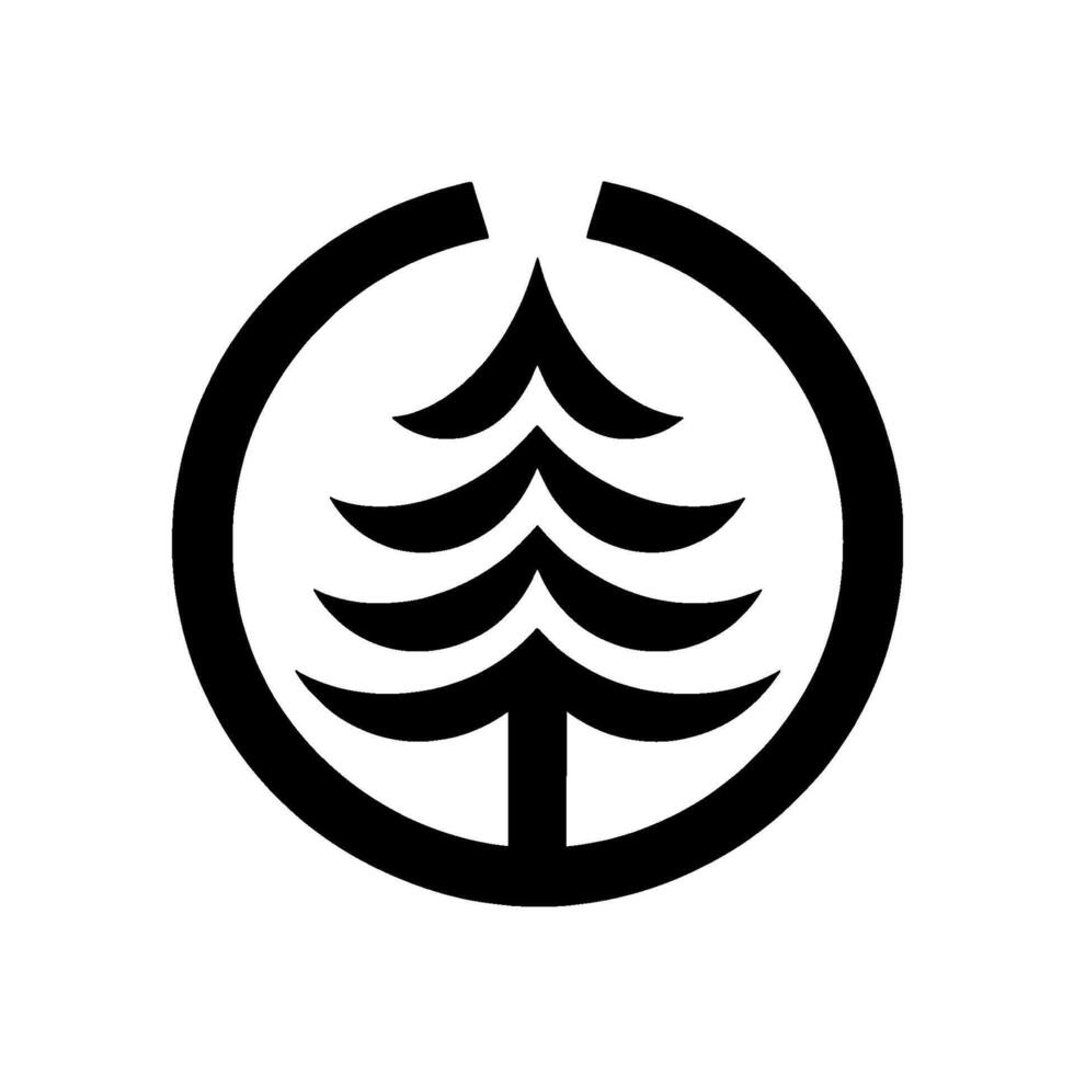 Black and white minimalist featuring a stylized evergreen tree enclosed in a circle with an opening at the top, modern and clean. vector