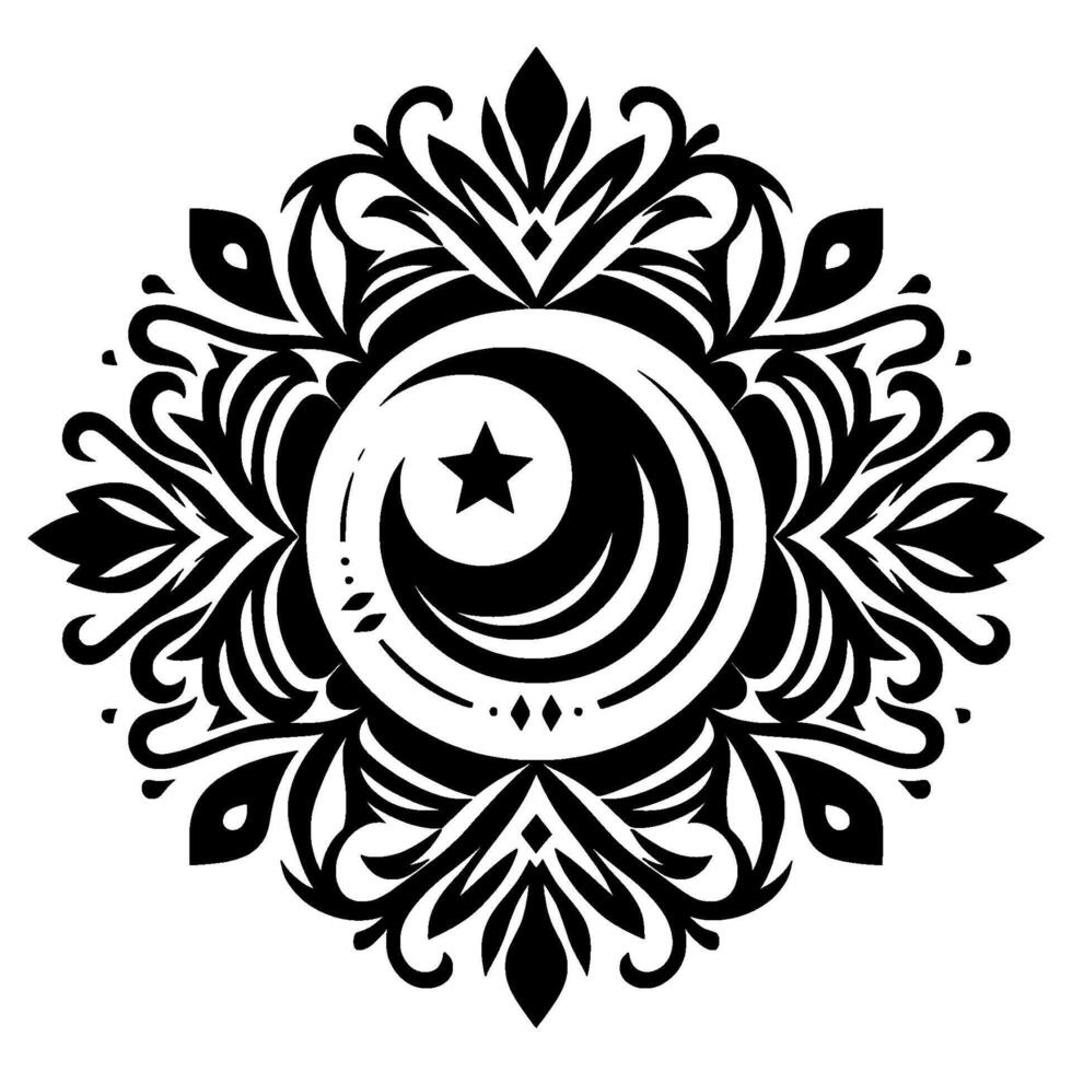 A symmetrical, ornate black and white featuring a crescent moon and star within a floral, mandalalike pattern. vector