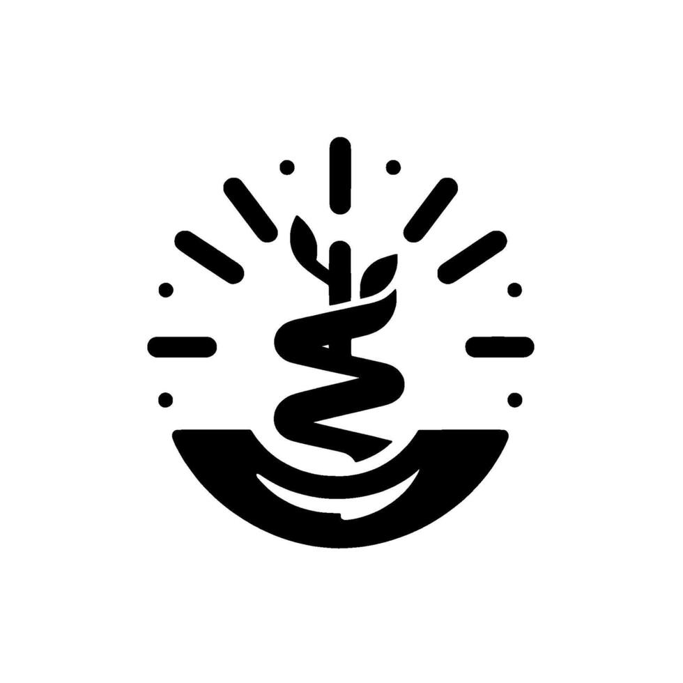 Symbolic, stylized black and white featuring a stylized plantlike form with a spiral and radiating lines, set against a clean, white background. vector