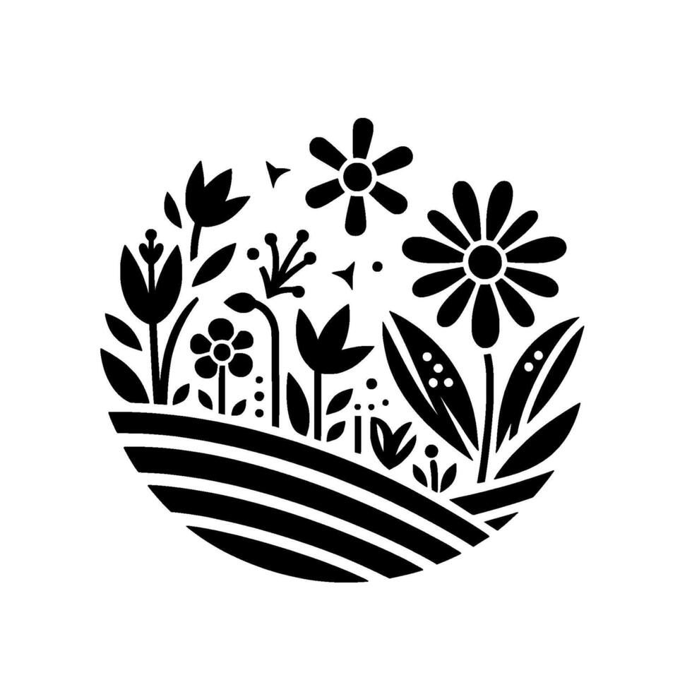 Monochromatic floral scene in a circle with black stylized flowers, leaves, and grassy hills, creating a decorative element. vector