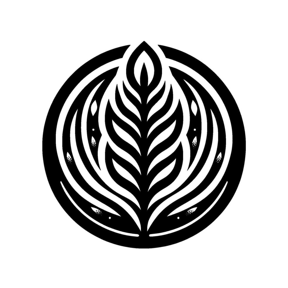 A stylized black and white , featuring a central leaflike pattern encompassed by an abstract round frame. vector
