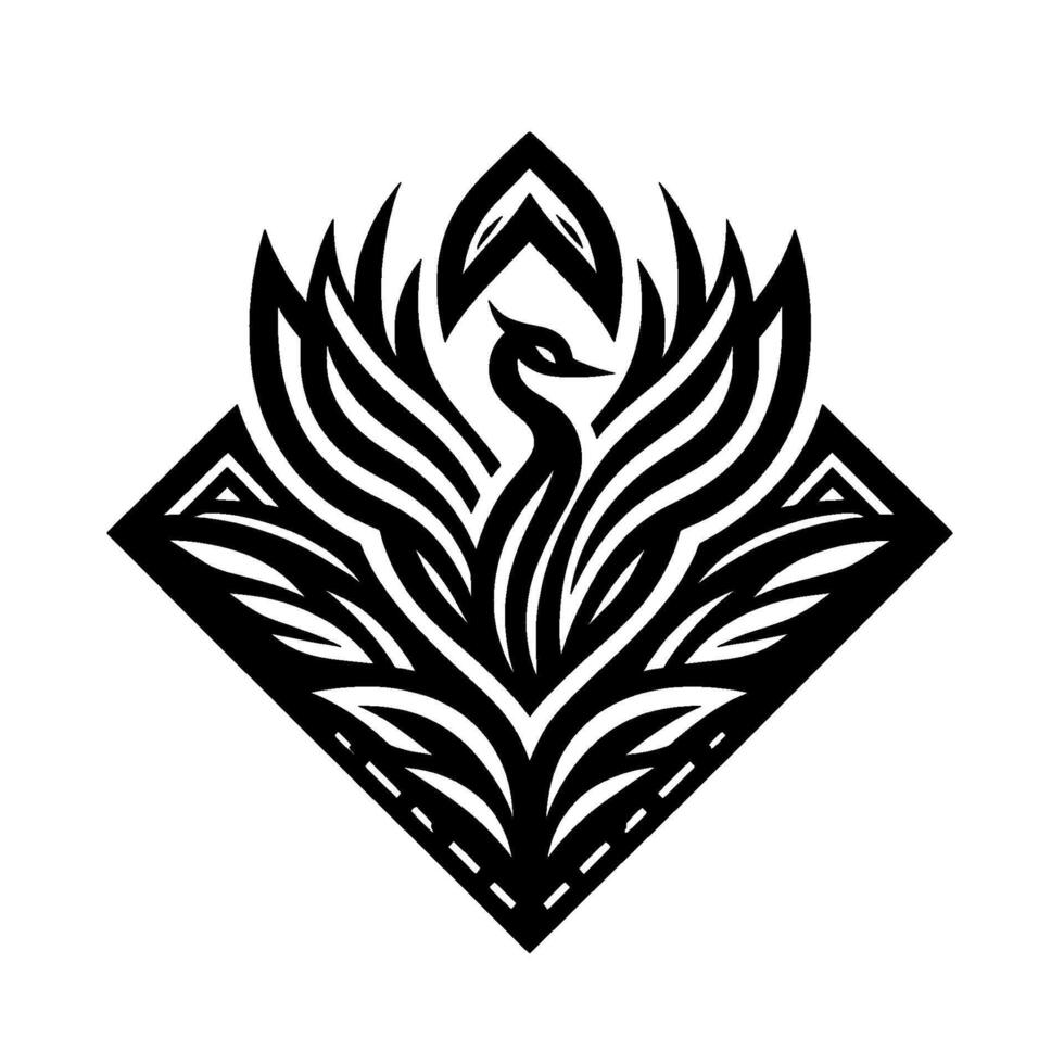 Intricate black and white phoenix illustration within a diamond frame, featuring stylized feathers and a graceful bird silhouette, evoking a sense of elegance and rebirth. vector
