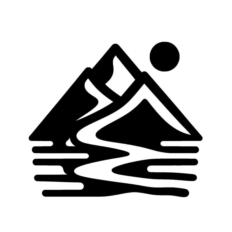 Black and White Minimalist Landscape Illustration Mountains, River, and Sun over Water. vector