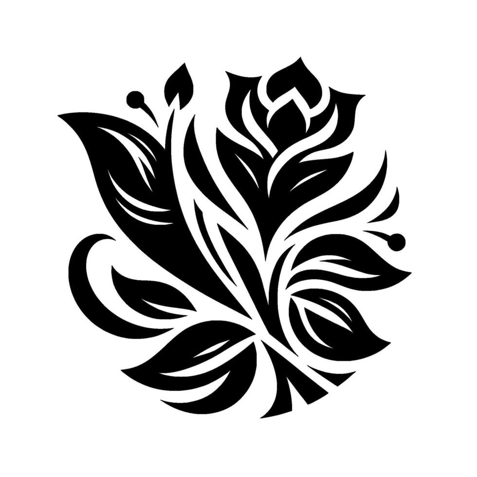 Intricate Black and White Floral , a symmetrical arrangement of leaves and a central rose, evocative of classic decorative elements. vector
