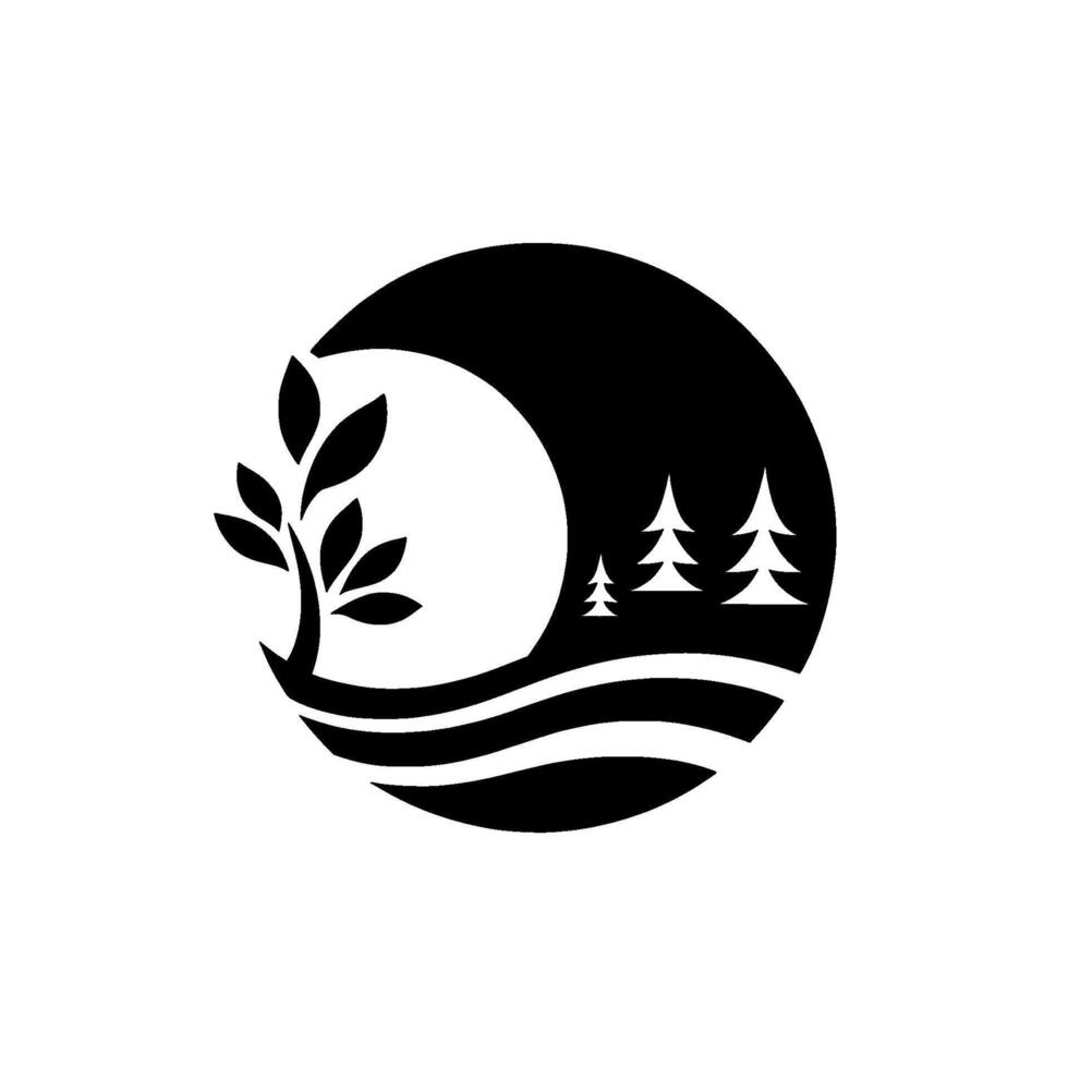 Minimalist Circular Illustration A Stylized Tree, Fir Trees, and Wavy Lines Within a Black and White Circle vector