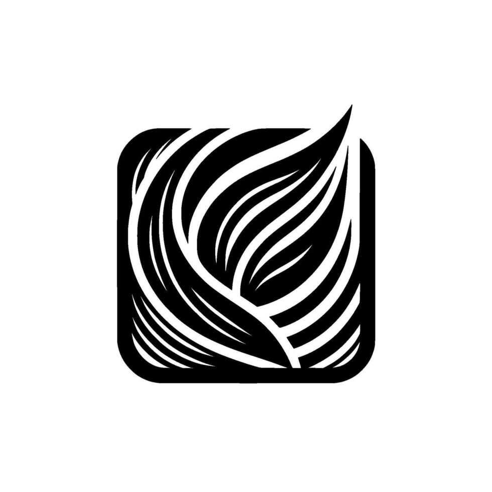 Black and White stylized leaflike composition enclosed in a roundedsquare frame, evoking natural elements with a modern artistic interpretation. vector