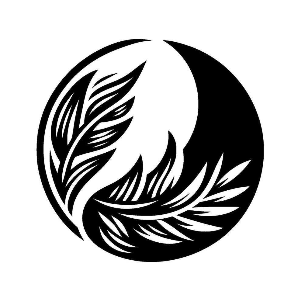 Artistic YinYang composition featuring stylized, symmetrical black and white feather and leaf designs within a circular frame. vector