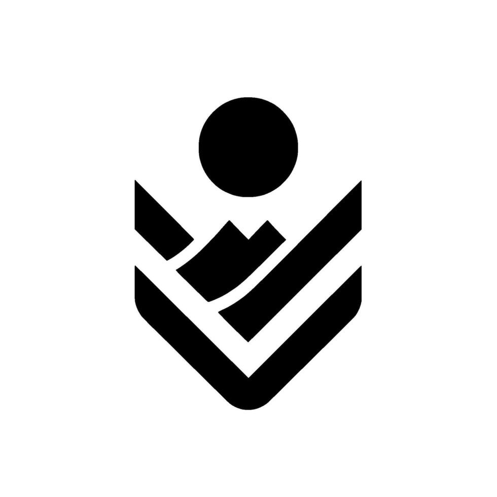 Minimalist Black Geometric Shape Resembling PersonFigure With Circular Head, and Mountains, in ShieldLike Emblem. vector
