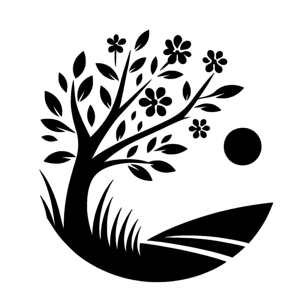 A Stylized Black and White Circular Landscape Featuring a Flowering Tree, Sun, and Rolling Hills. vector