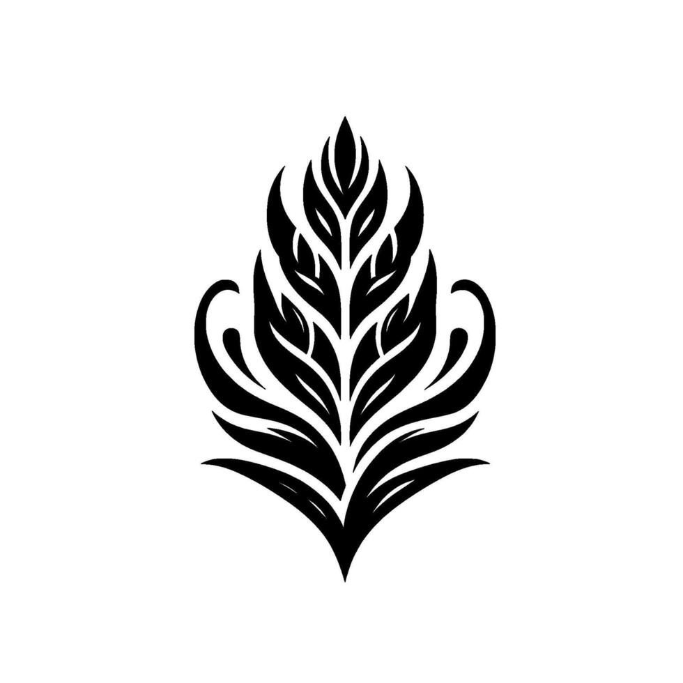 Symmetrical Black and White Leaf Motif Featuring Curvilinear and Leafy Elements on a Clean White Background. vector