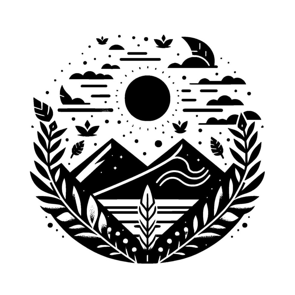 A circular black and white minimalist landscape featuring mountains, water, foliage, clouds, sun, and moon, creating a balanced, tranquil composition. vector