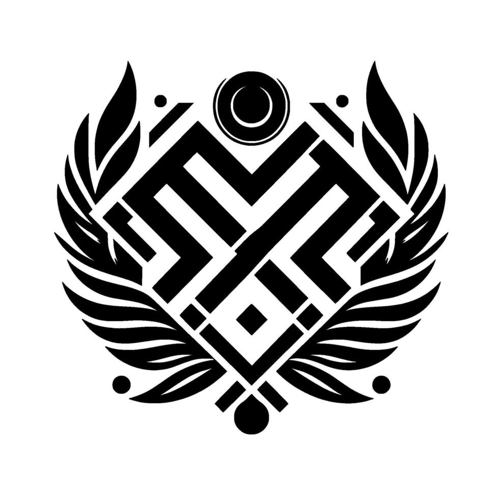 Abstract black and white geometric emblem with a central letterlike structure, framed by stylized laurel leaves. vector
