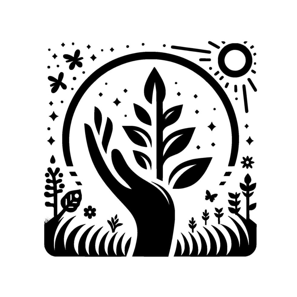 Stylized black and white showcasing a nurturing hand cradling a growing plant, symbolizing environmental care under the sun and a starstudded backdrop, with surrounding flora and fauna. vector