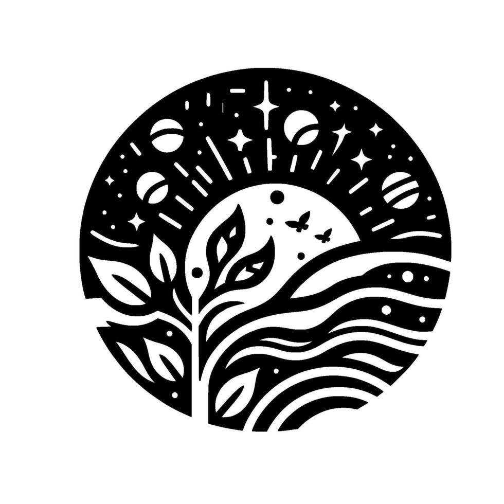 A stylized, circular illustration of a celestial landscape with a blossoming tree, butterflies, swirling water, celestial bodies, and radiating light. vector