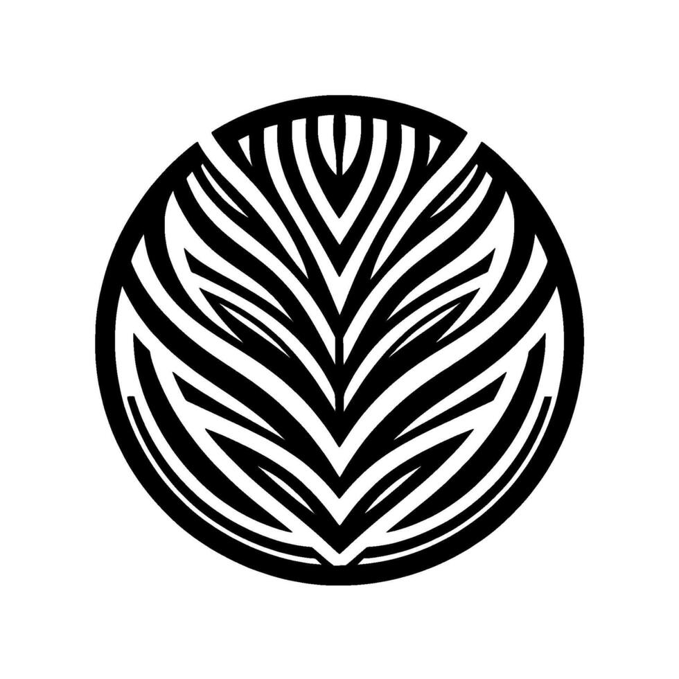 Abstract black and white circular featuring a central stylized leaf or featherlike pattern, reminiscent of zebra stripes, set against a clean white backdrop. vector