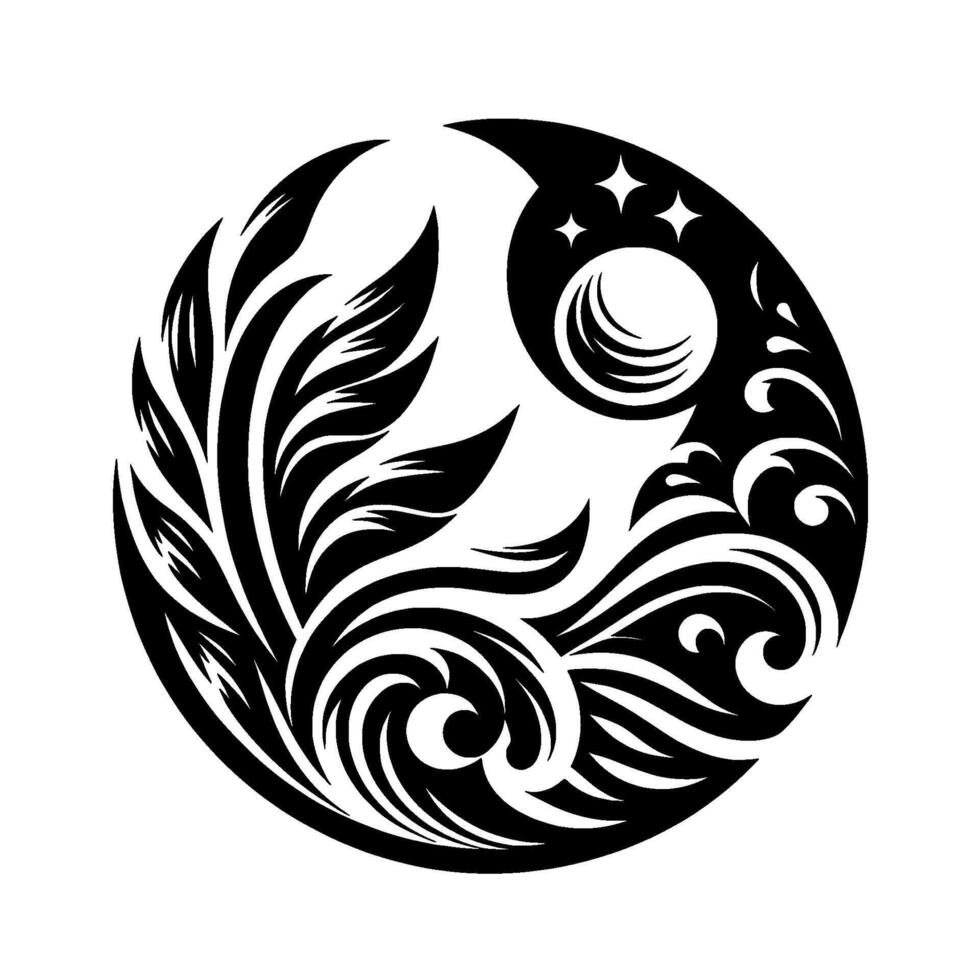 A balanced yinyang composition depicting celestial and floral elements within a circular frame, illustrating harmony in contrast. vector