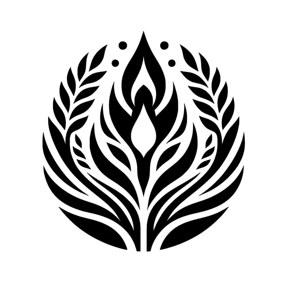 A stylized, black and white symmetrical featuring a central, flamelike element encircled by organic, leaflike forms and dotted accents. vector