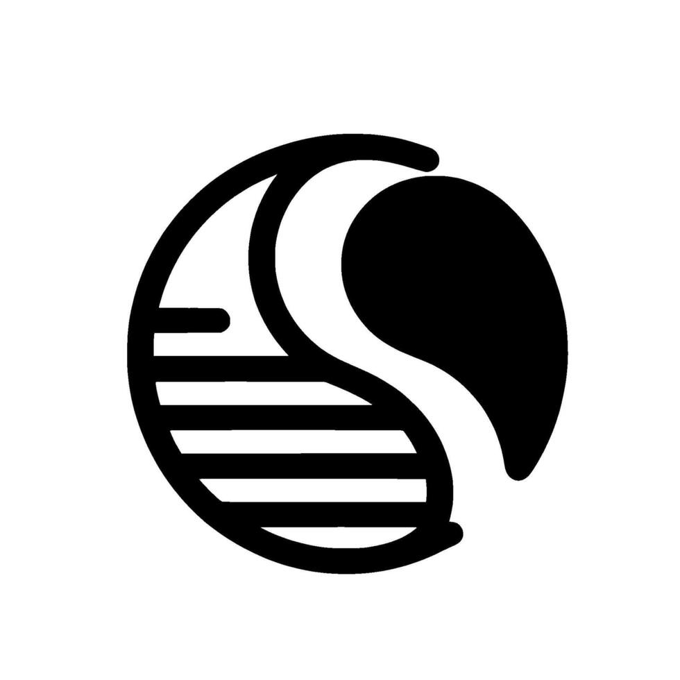 Abstract black and white featuring a curved S shape intertwined within a circular frame and horizontal stripes. vector