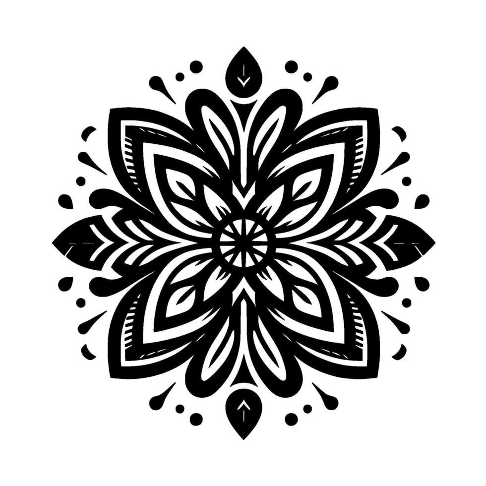 Intricate, symmetrical black and white floral mandala pattern with leaf details and dot accents, isolated on a white background. vector