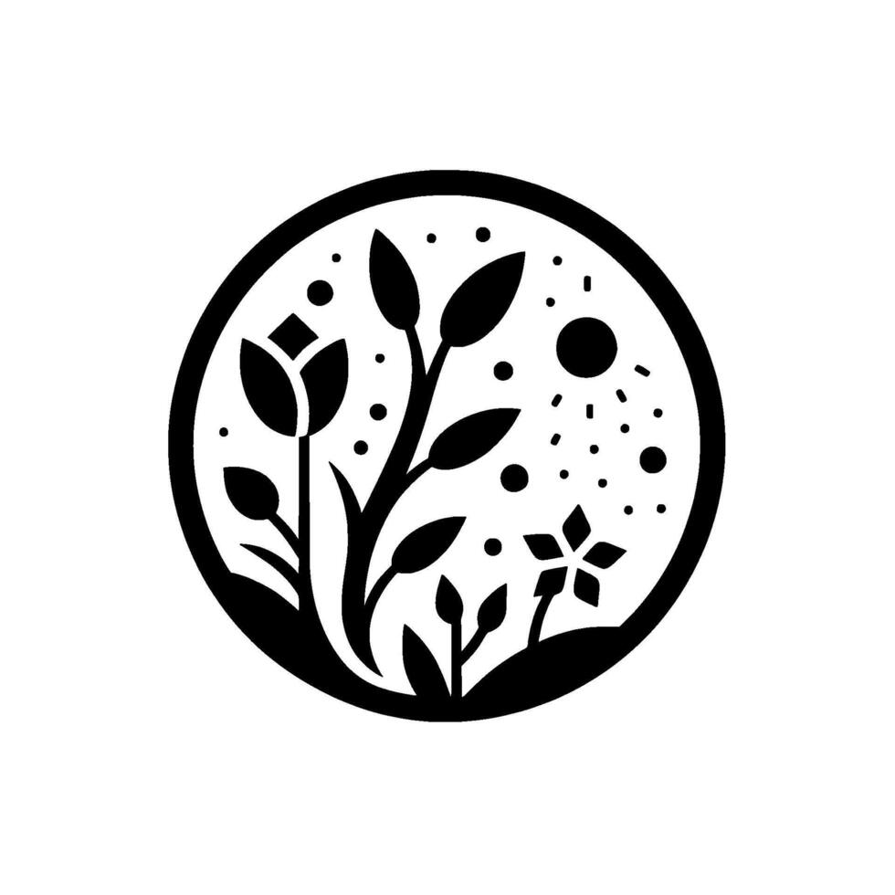 Black and white floral illustration within a circular frame, featuring flowers, leaves, a sun, and dots, conveying natures simplicity. vector