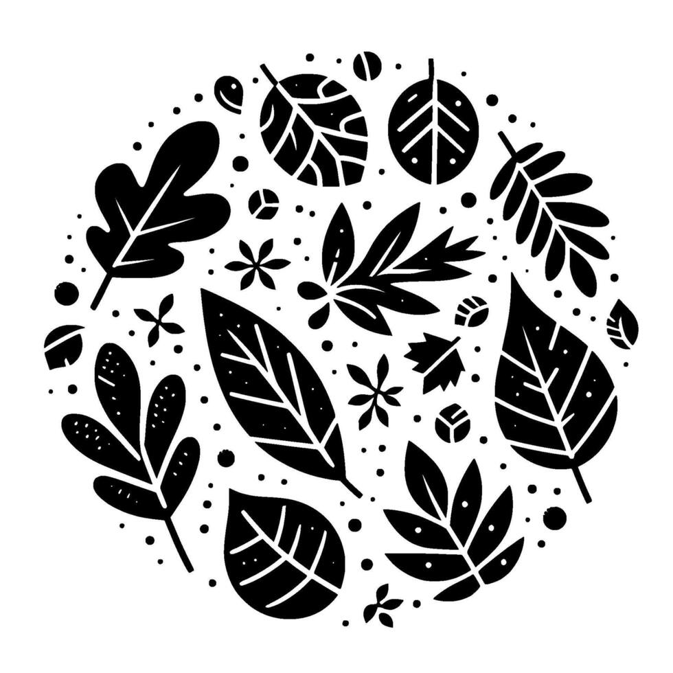 Circular Black and White Foliage Illustration Stylized Leaves, Flowers, and Dots Arranged in a Decorative, Natural Pattern. vector