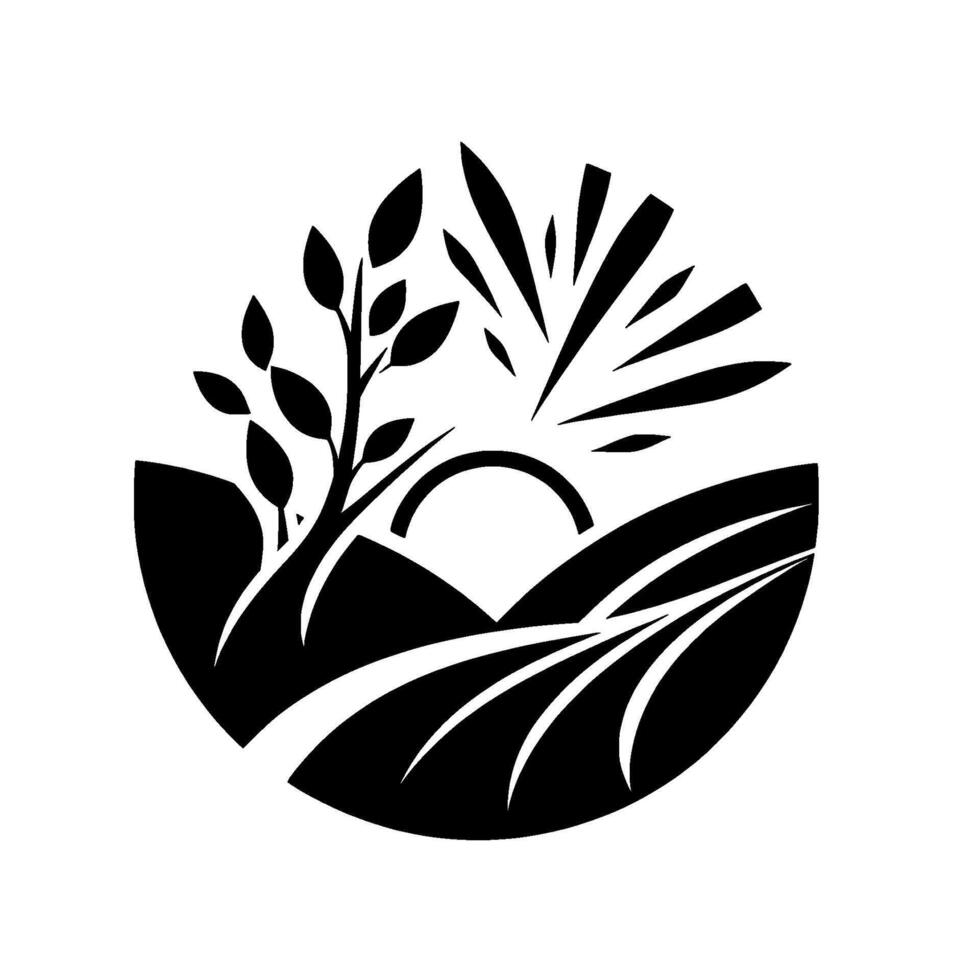 A stylized black and white illustration of a landscape featuring a tree, sun, rolling hills, and radiating lines enclosed within an oval. vector