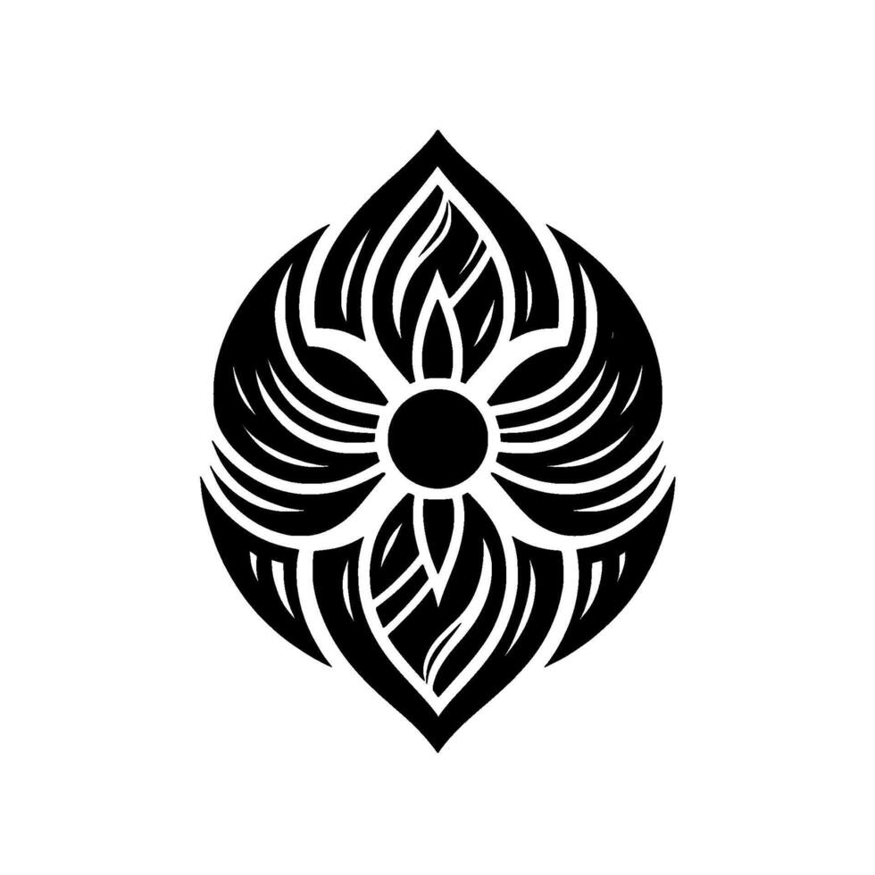 A symmetrical black floral motif, resembling a stylized flower or mandala, with layered petallike elements against a stark white background. vector