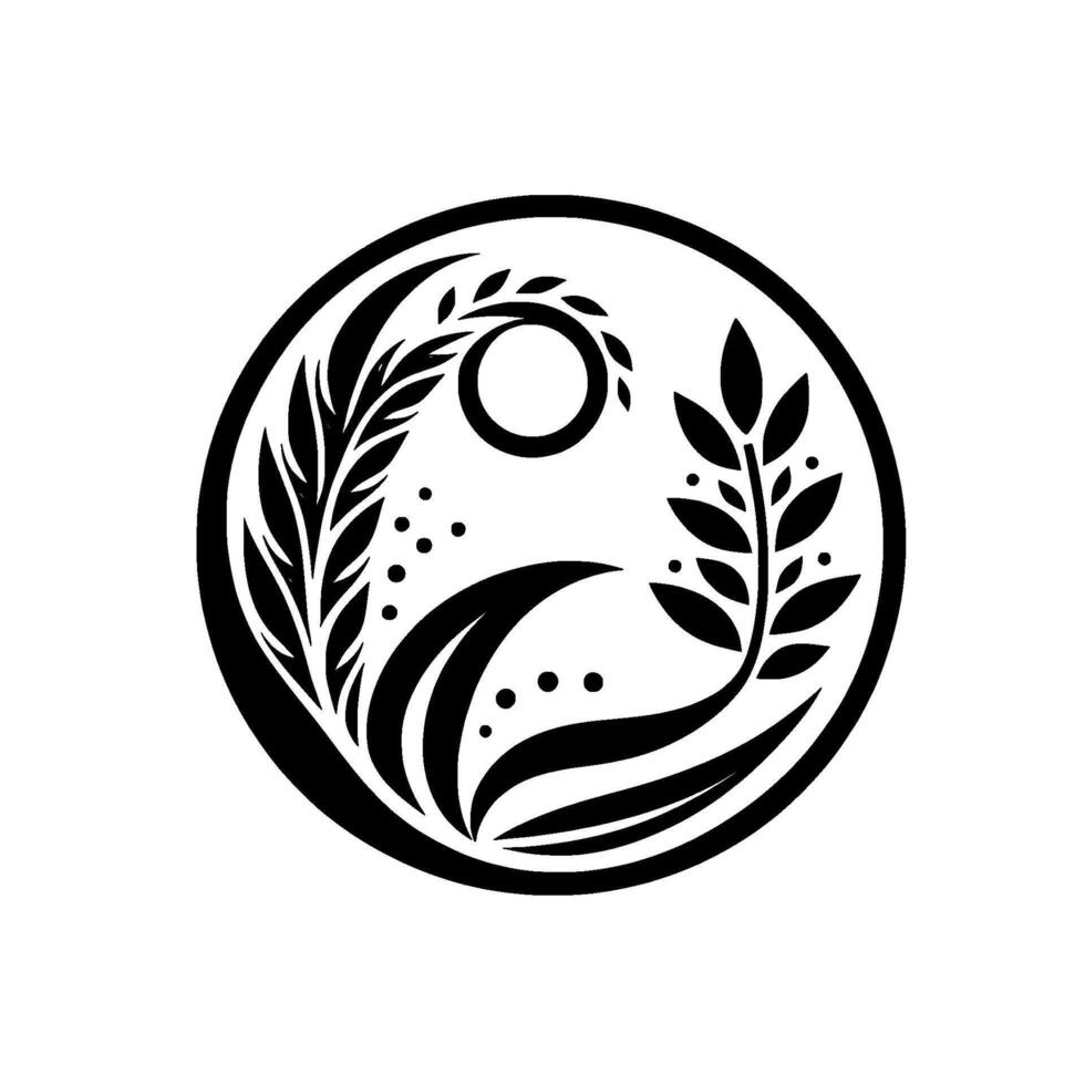 YinYang botanical emblem with stylized foliage, a central circle, and organic, symmetrical blackandwhite . vector