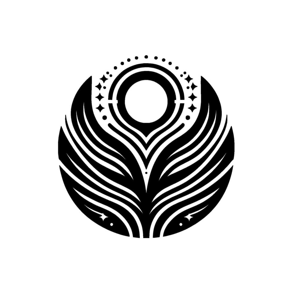 Intricate Black and White Circular Emblem Stylized Floral with Geometric Elements, Dots, and Starbursts, Set Against White Background. vector