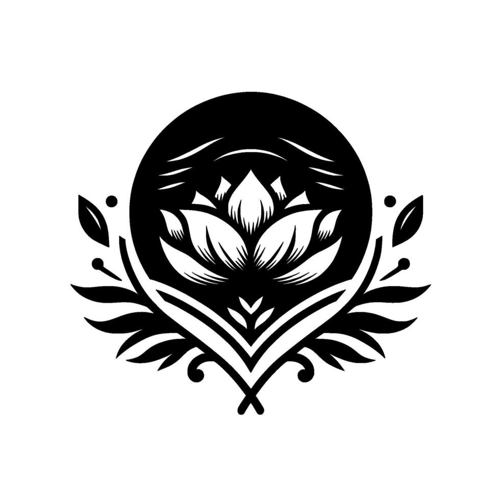 A symmetrical, black and white floral emblem features a detailed lotus flower encompassed by leaves, stylized swirls, and a partial encompassing circle, rendered on a white background. vector