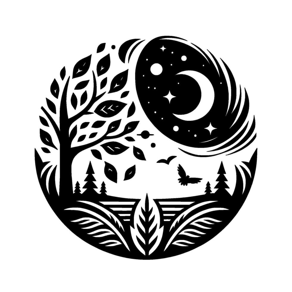 Serene Black and White Circular Illustration A majestic tree beside a starry night sky cradling a crescent moon, with flying birds and idyllic landscape. vector