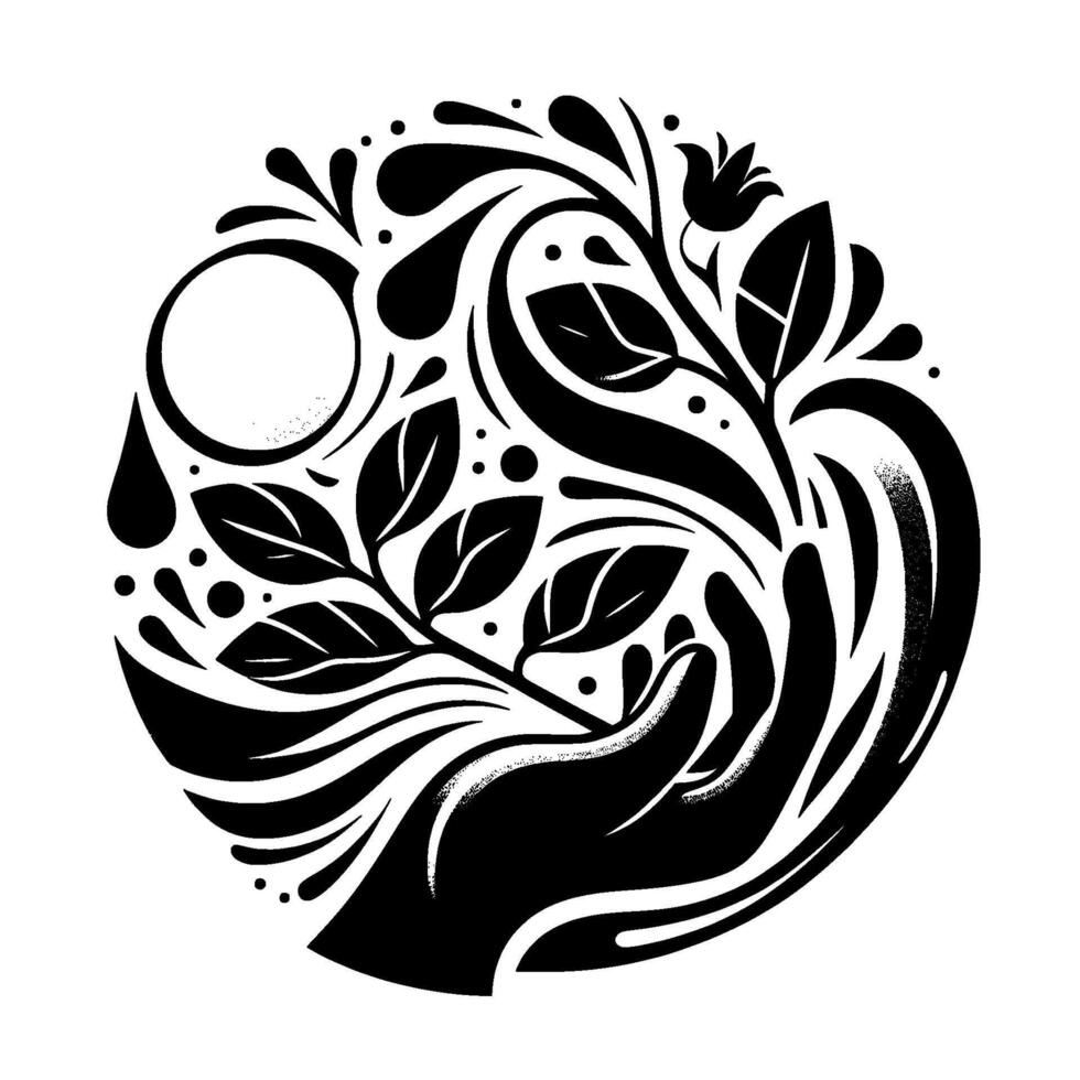 Symbolic black and white circular art, depicting a nurturing hand cradling a growing plant with leaves, water droplets, and the sun, representing growth and nature. vector
