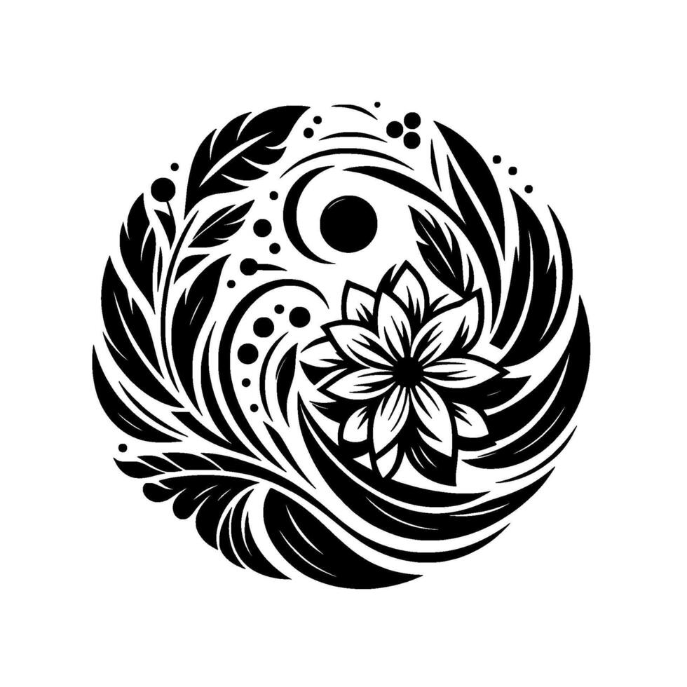 Elegant Circular Mandala A Black and White Floral Featuring a Central Flower, Leaves, and Swirling Elements, Symbolizing Balance and Harmony. vector