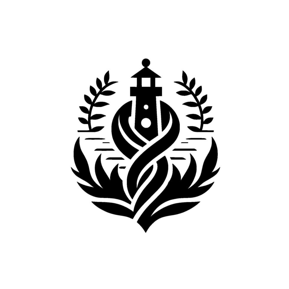 A monochromatic nautical emblem featuring a lighthouse embraced by swirling abstract shapes, foliage, and horizontal lines, creating an intricate coastal . vector