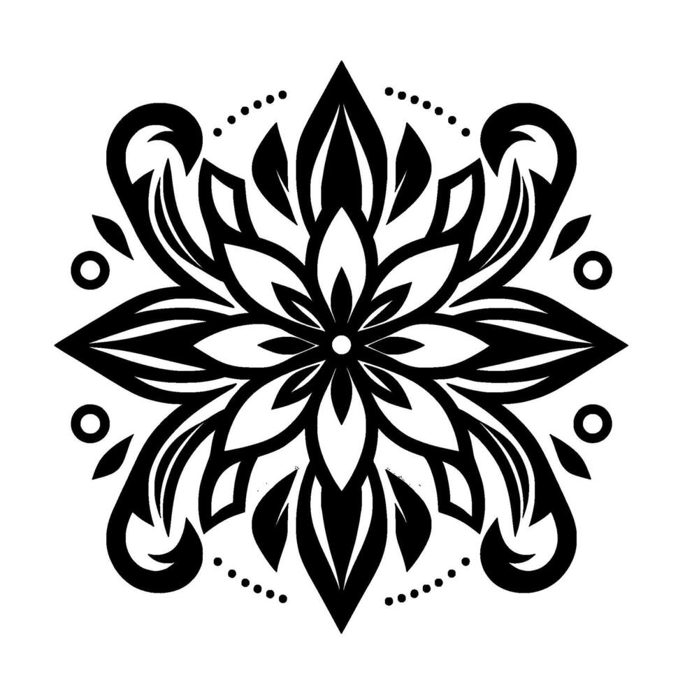 Intricate Black, White, and Gray Floral Mandala, Symmetrical with Petals, Swirls, and Dot Pattern on White Background vector