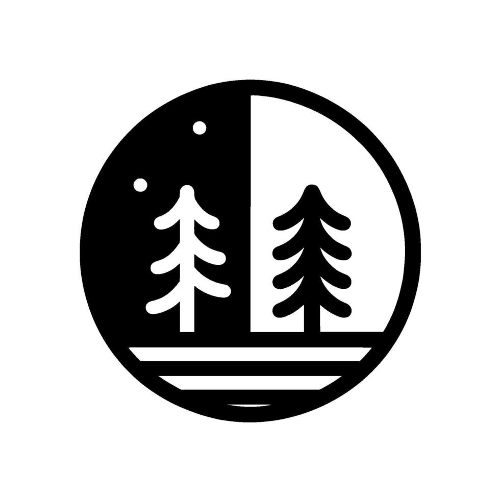 A stylized minimalist emblem showcasing a circle divided into day and night, with trees symbolizing nature, and the contrast between light and dark. vector