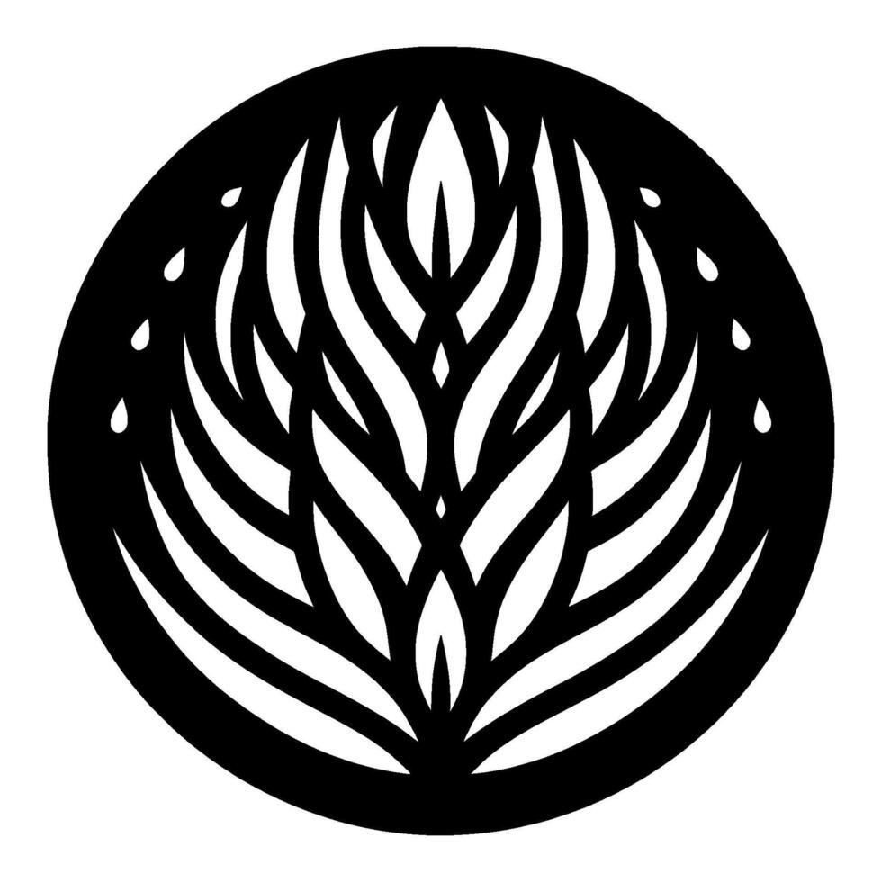 Abstract black circle art with stylized white leaves radiating from a central point with droplet details on the outer edge, monochrome . vector