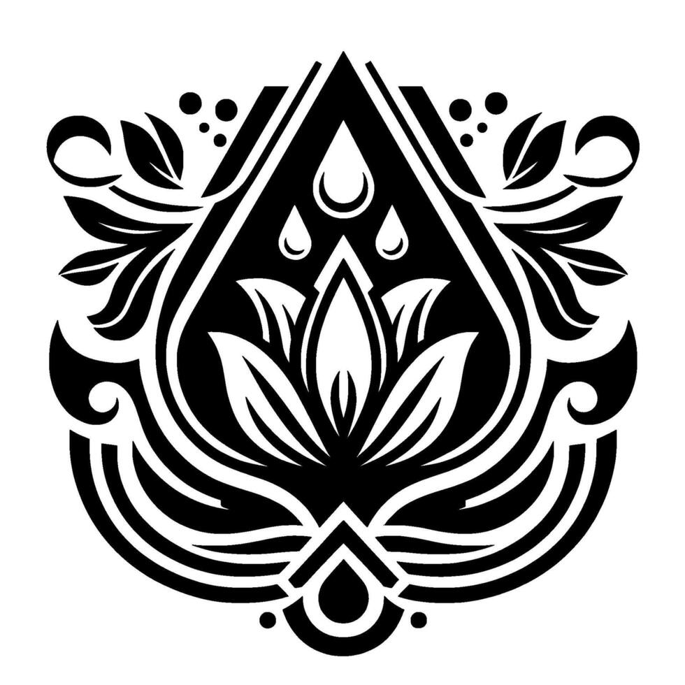 Intricate Black and White Floral Ornamental Featuring a Central Lotuslike Bloom, Adorned with Leafy Accents and Symmetrical Droplike Embellishments, Set Against a White Background. vector